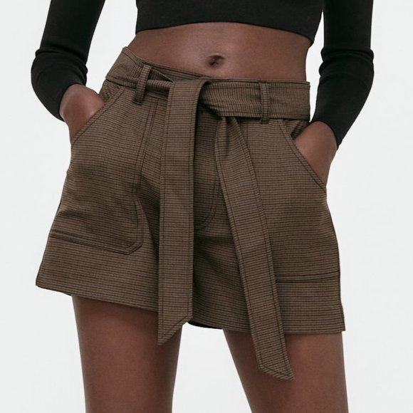 NEW Zara Houndstooth Checker Plaid High Waist Self Tie Belt Shorts Dark Brown S - Picture 2 of 10